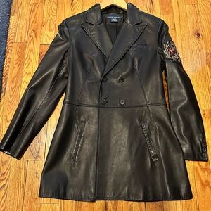 Never worn! Ralph Lauren Black Leather Long Jacket with Unique Embroidery Detail